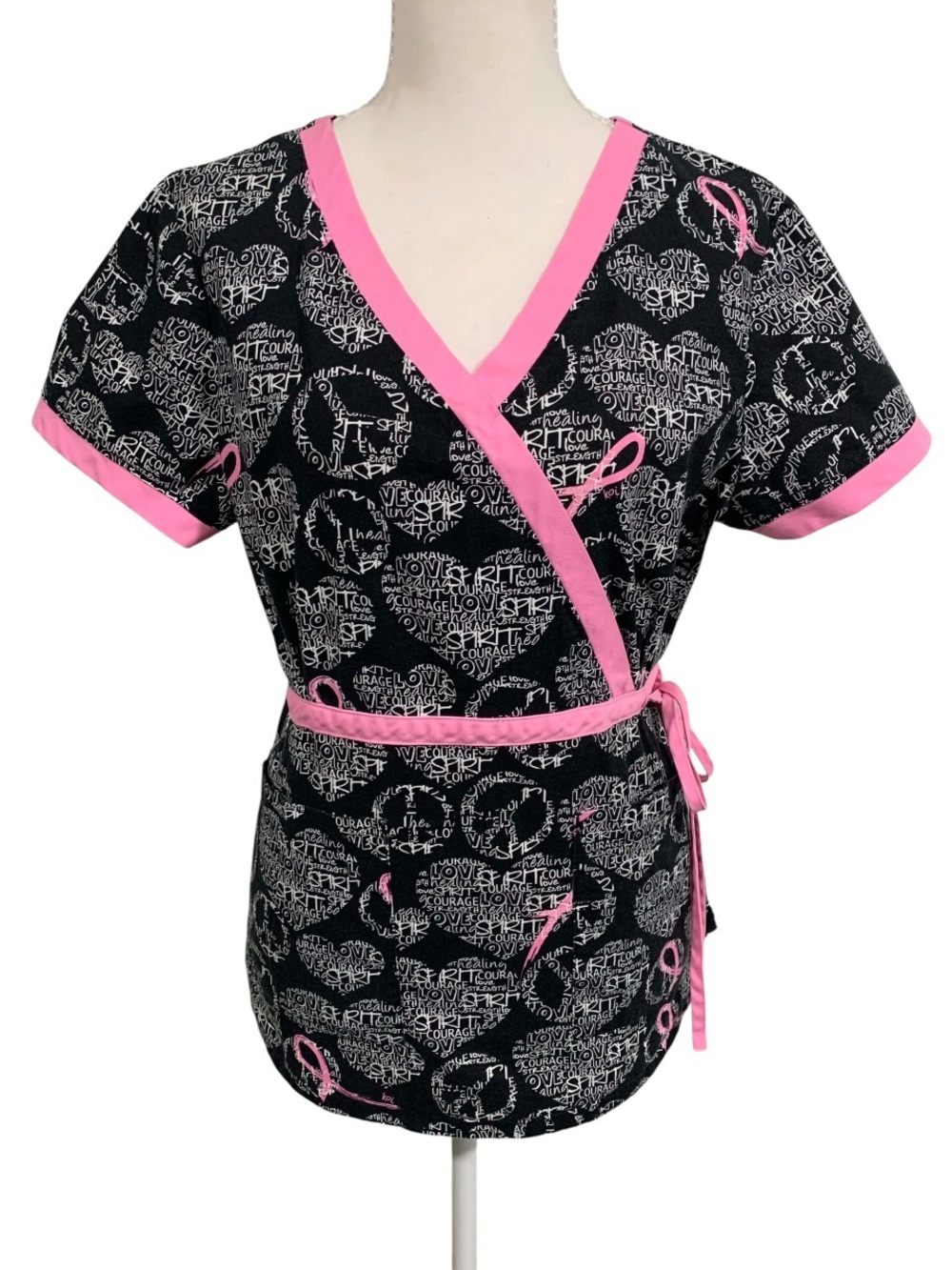 Koi by Kathy Peterson Breast Cancer Awareness Mock Wrap Scrub Top Black Pink M